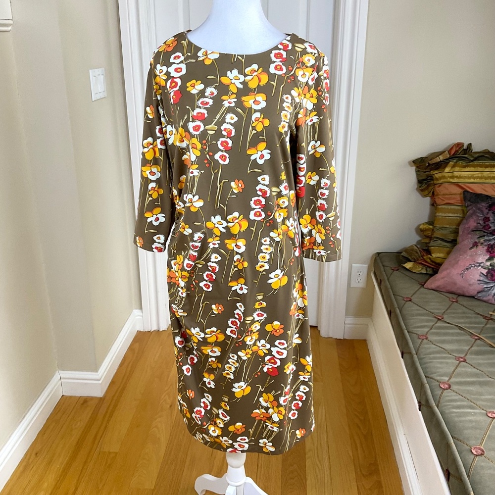 J. McLaughlin Dress Jersey Knit Brown Yellow Floral (L) - Picture 2 of 8